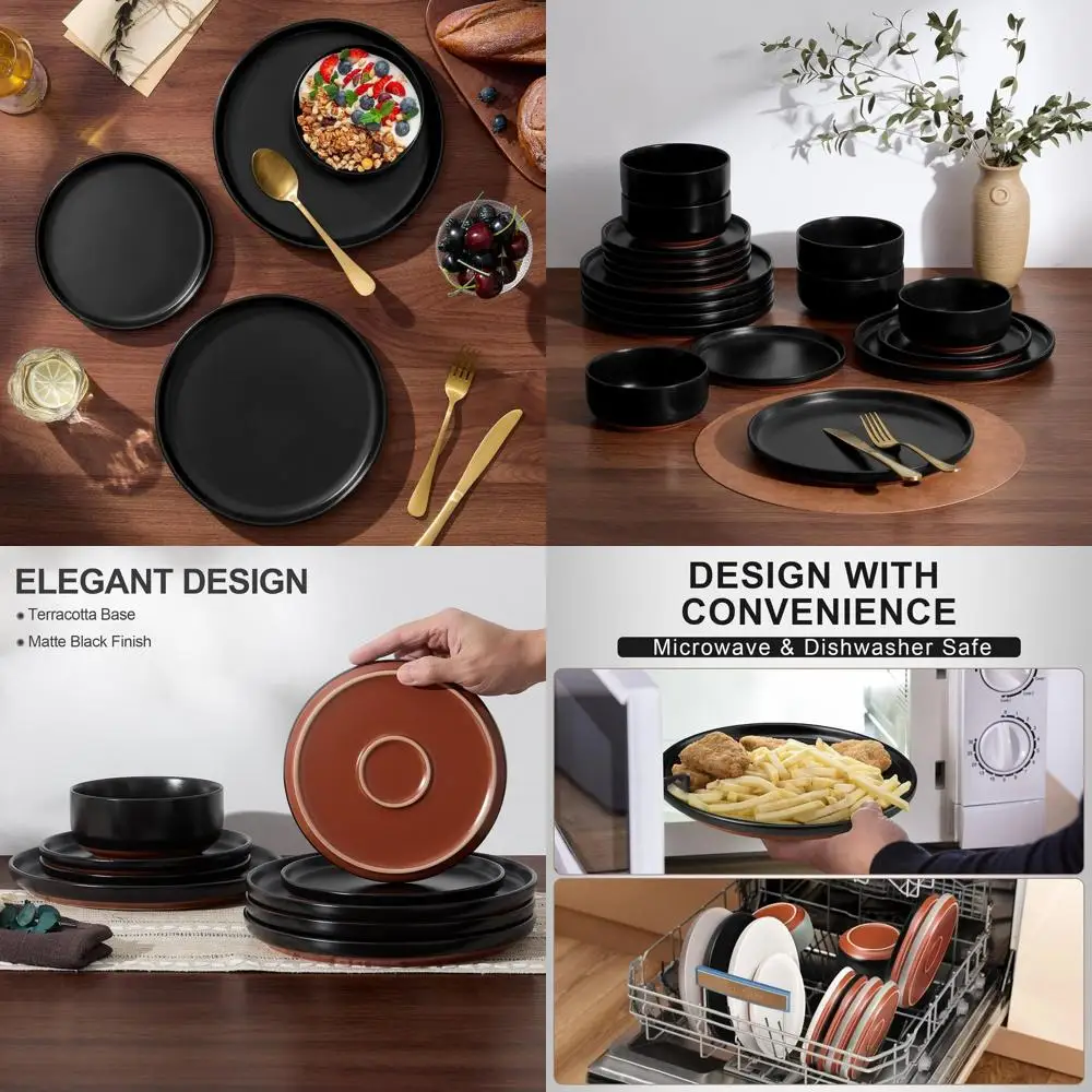 

Набор посуды из 18 предметов, терракотовые тарелки и миски на 6 персон, прочные, матово-черные, безопасные для микроволновой печи и посудомоечной машины.