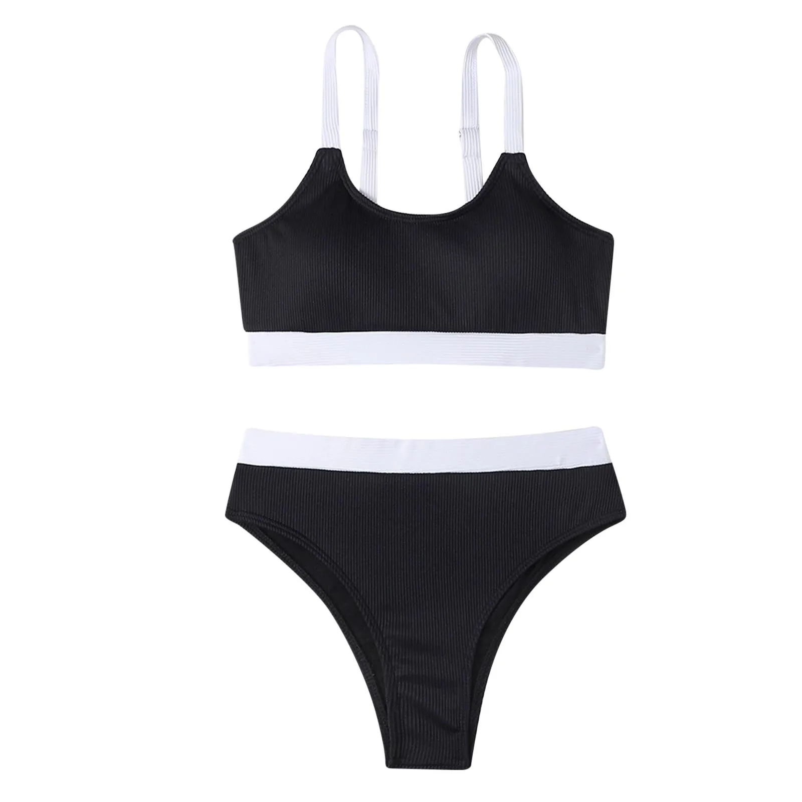 2024 Ribbed Women High Waist Bikini Set Solid Color Push Up Female Swimsuit Swimming Beachwear Suit Pool Bathing Swimwear