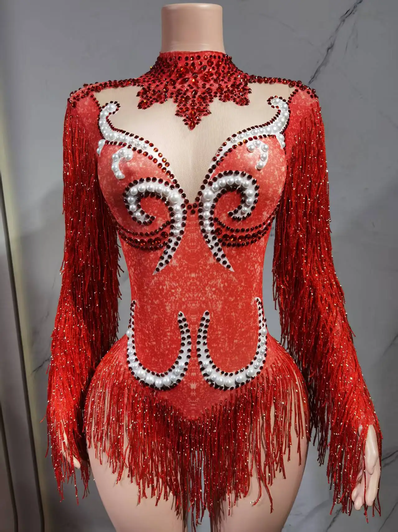 Luxe grijze franje zilveren strass parels transparante bodysuit dames dansshow kostuum verjaardagsfeestje outfit