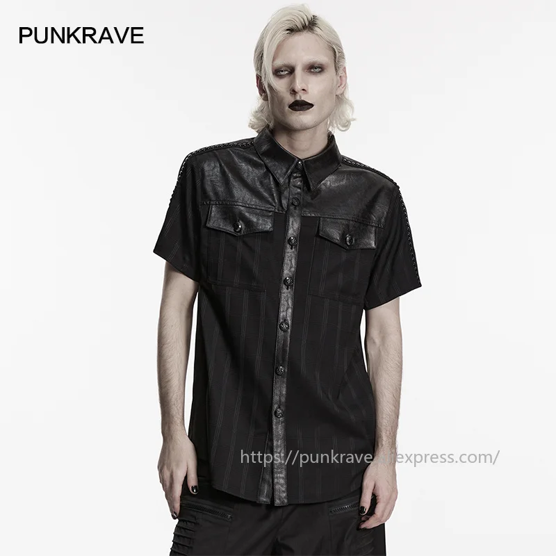 

PUNK RAVE Men's Punk Wrinkled Leatherette & Plaid Shirt Symmetrical Patch Pockets Workwear Style Personalized Tops Mens Shirts