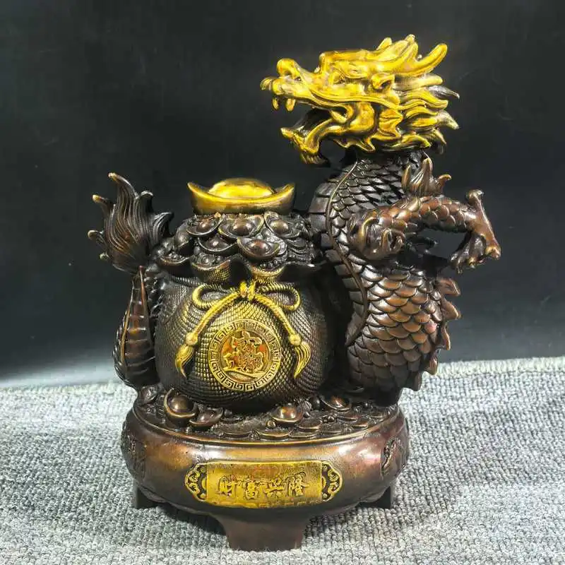 Gilt prosperity money bag dragon ornament, brass imitation purple copper with gilding, vintage craftsmanship