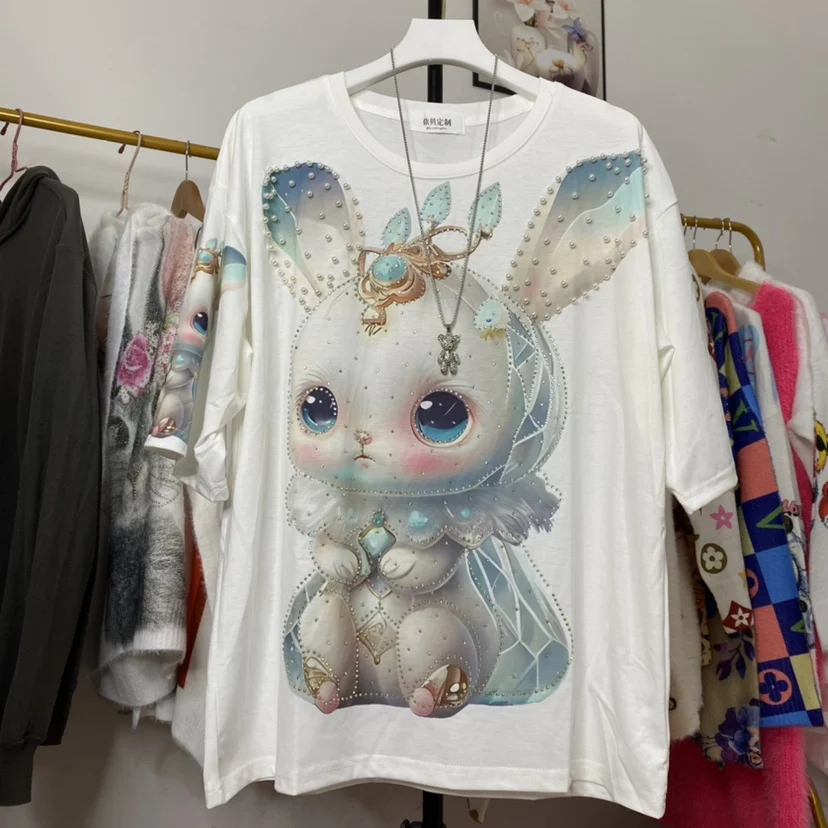 Cartoon Rabbit Fashion Rhinestone Printed Hooded Sweater Coat Women Loose All-Match Long Sleeve Pullover Knitted Top Female