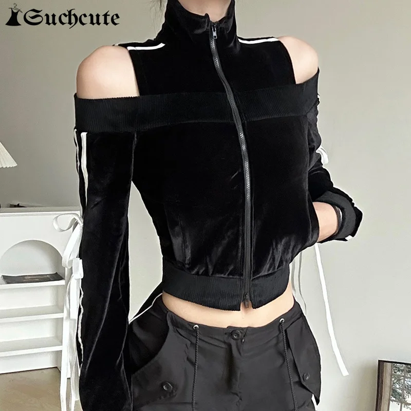 SUCHCUTE Stripe Off Shoulder Zip Up Bow Lace Up Hoodies Stand Collar Y2K Cropped Sweatshirt Fashion Causal Cardigan Kpop Clothes