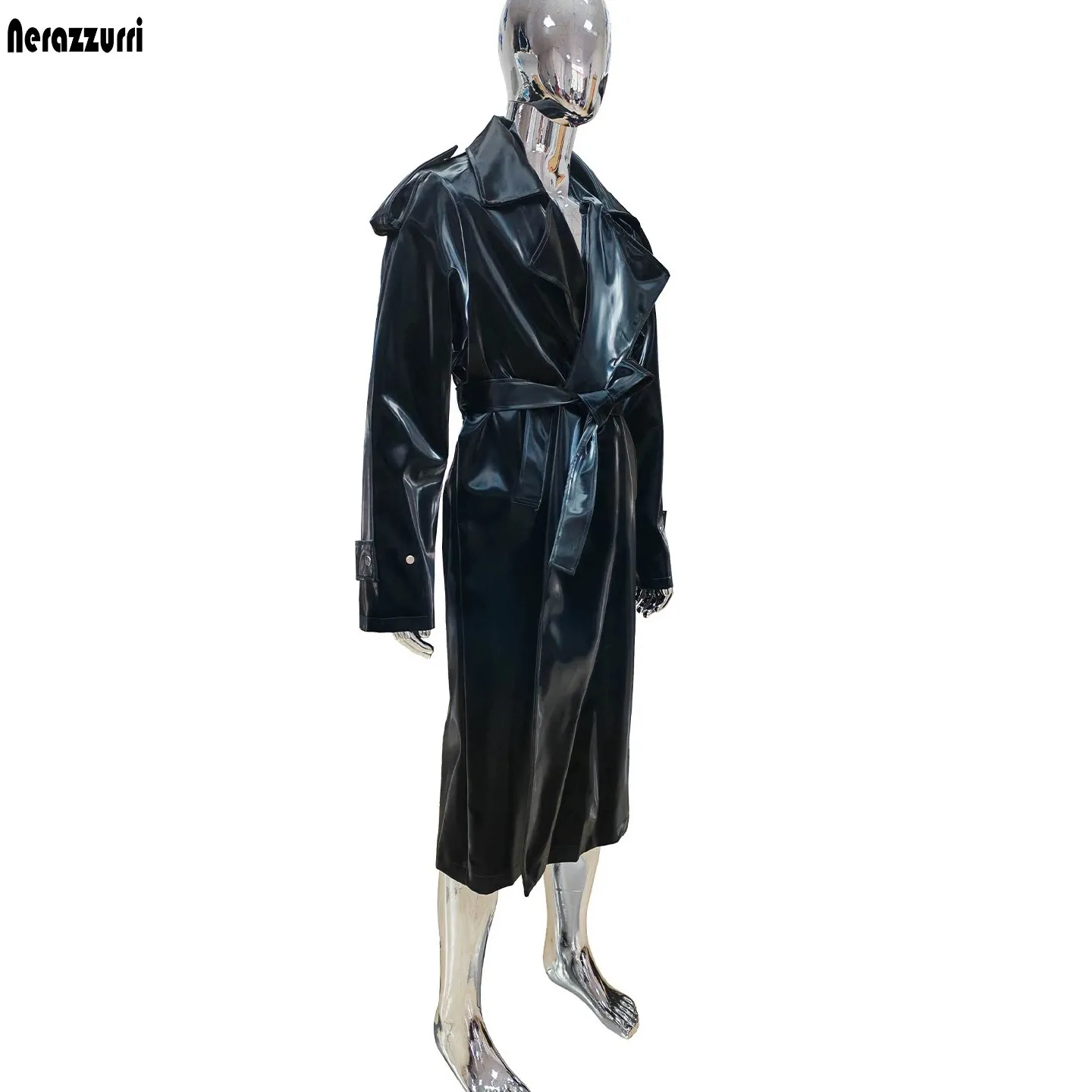 Nerazzurri Autumn Long Oversized Luxury Reflective Shiny Black Pu Leather Trench Coat Men Sashes Loose Waterproof Rain Coat 2026