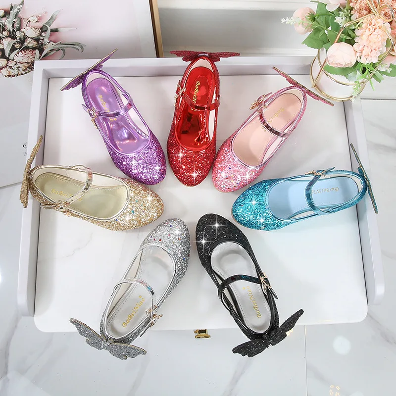 

Детские блестящие туфли для танцев для девочек, модные кожаные туфли принцессы с бабочками, детские праздничные модельные туфли на высоком каблуке с бриллиантами и бантом для девочек