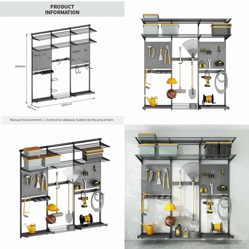 Customizable Wall Mounted Storage Rack with Adjustable Hooks Wire Shelf for Workshop Garage Organization