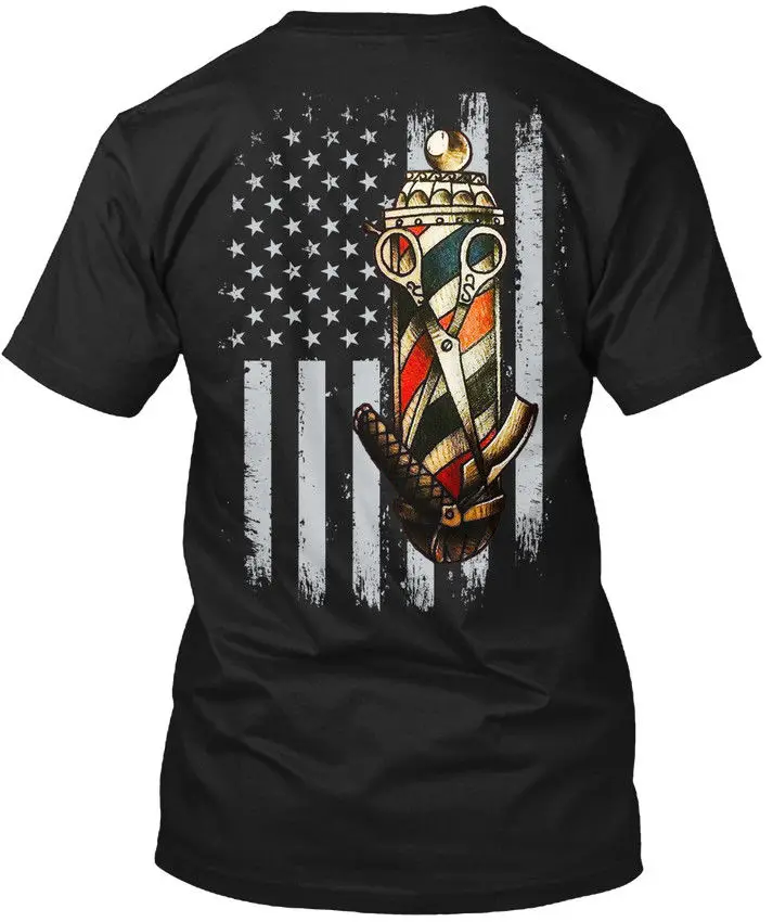 Stylish Barber Uniform-Barber Pole Us Flag Back Tee T-Shirt Hot Sale Fashion High Quality Personality Design Shirts Classic