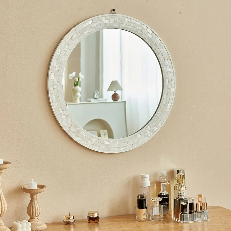 White Butterfly Shell Round Bathroom Mirror High End Wall Hanging Decorative Entrance Villa Clubhouse Wall Sticker