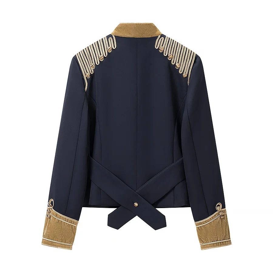 2026 New Arrival Women's British Style Short Jacket Gold Embroidery Contrast Trim Stand Collar Vintage Elegant Daily Commuter