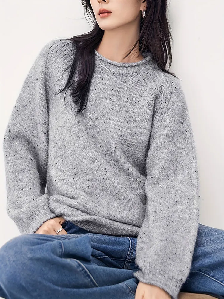 Limited Hot Sale Wool Blended Color Dot Round Neck Elegant Women's Sweater Autumn Winter Warm Crimping Knitted Pullover Tops