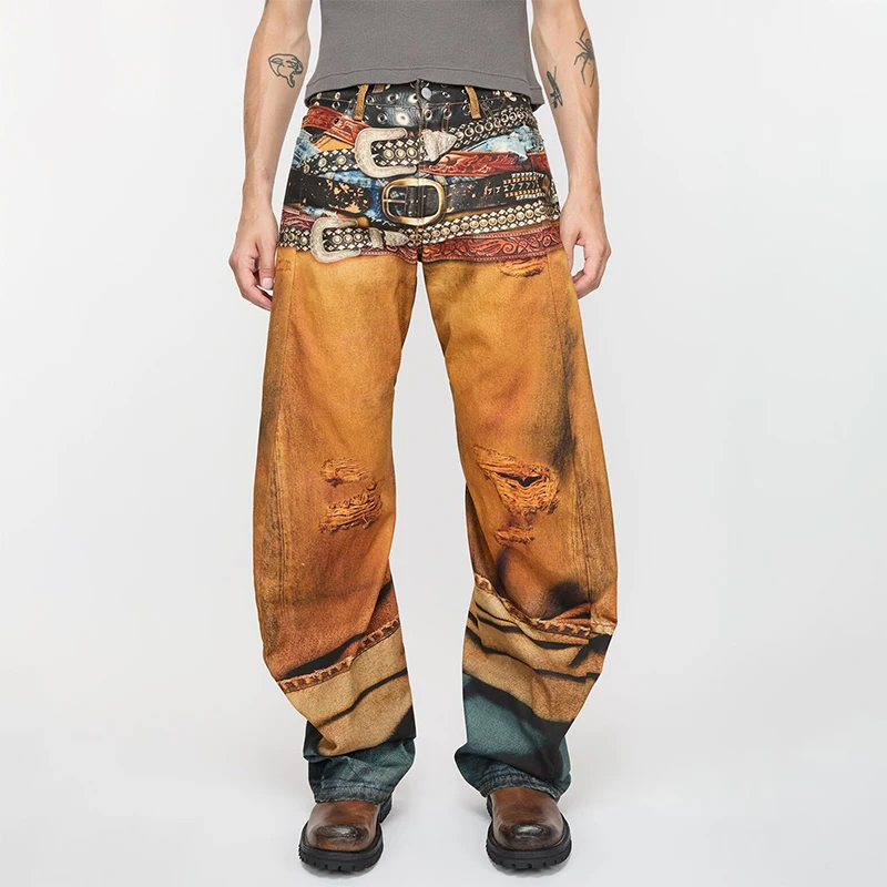 NIGO Printed Ripped Jeans Visual Illusion Belt Low Waisted Wide Leg Jeans Vintage Jeans Ngvp #nigo9892