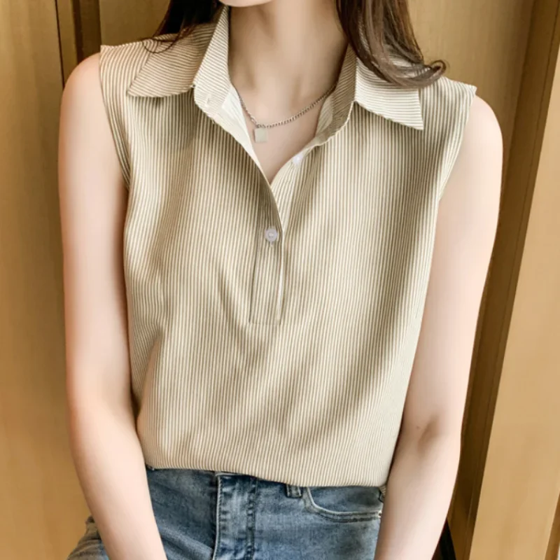 Fashion Summer Blouses for Women Stripe Womens Tops Shirt Chiffon Sleeveless Womens Blouses Basic Clothes for Women Sexy Blouse