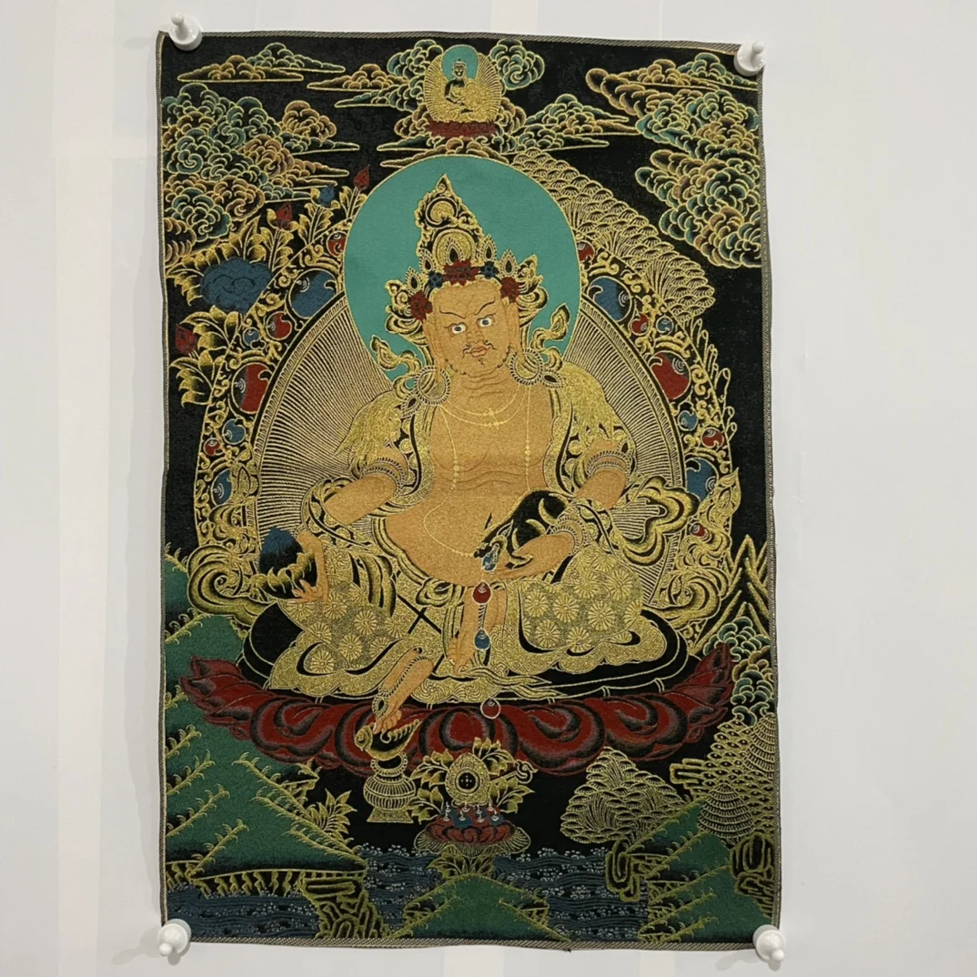 

35"Thangka Embroidery Tibetan Buddhism silk Embroidery Yellow Jambhala Buddha Huang Caishen Thangka Wall hanging Worship Hall