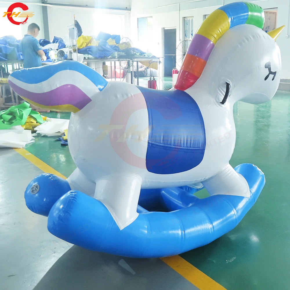 Animal inflable azul para montar a caballo, unicornio mecedora, juegos de carnaval, juguetes a la venta