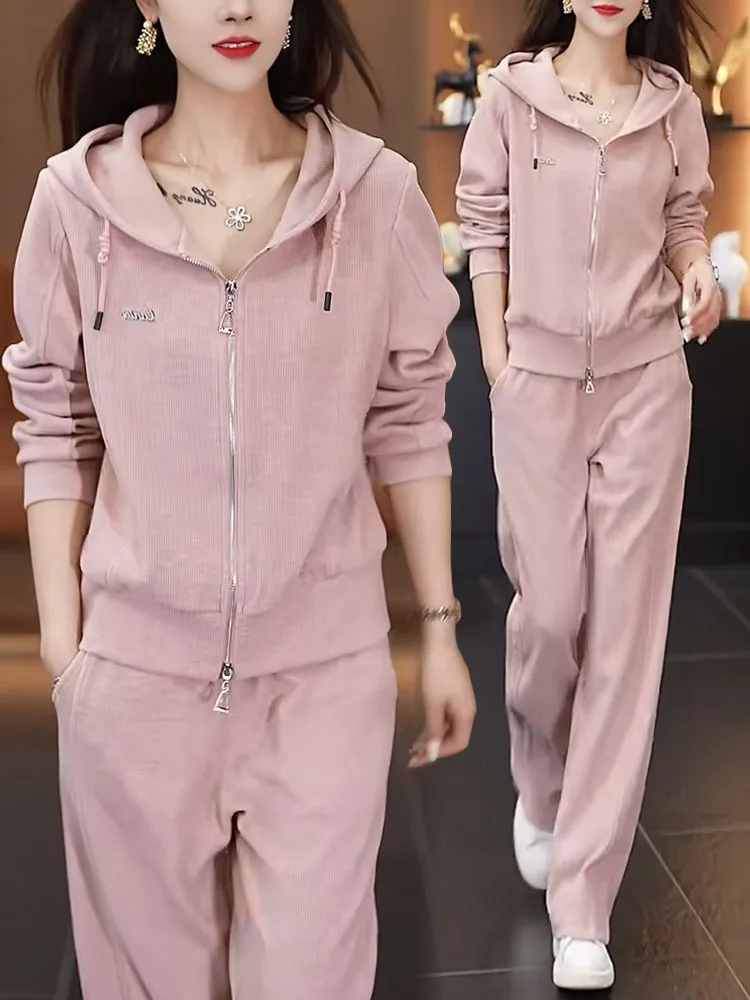 Lässiges Sportbekleidungsset für Damen, Kapuzenpullover, weites Bein, Hose, zweiteiliges Set, trendiger Herbst 2025, Neuankömmling, bequeme Polyesterfaser