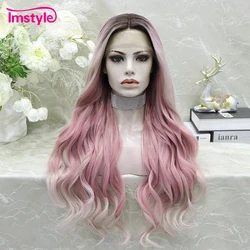 Imstyle Ombre Pink peruka syntetyczna koronka peruka Front T koronkowa peruka naturalna falowana peruki z długimi włosami dla kobiet włókno termoodporne peruka do Cosplay