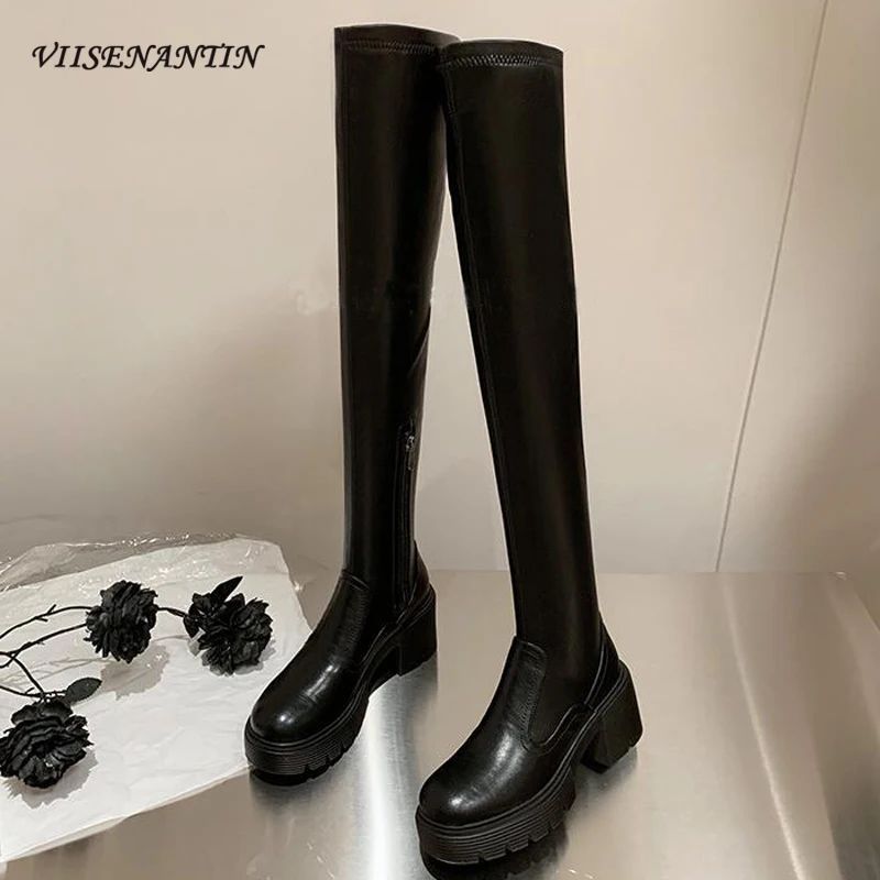 

New Stretch Over The Knee Boots Women Autumn Winter Thin Leg Long Boots Height Increased Round Toe Chunky Heel Thing High Boots