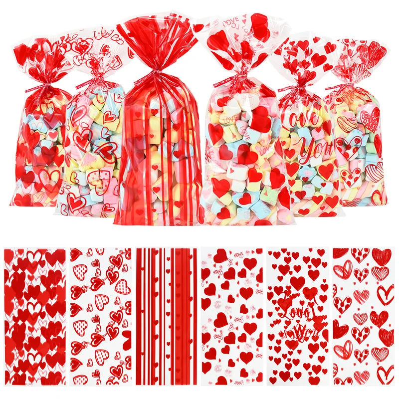 60pcs Valentine Day Heart Love Gift Bag Clear Plastic Candy Cookie Packing Bags Weddding Valentines Day Decoration