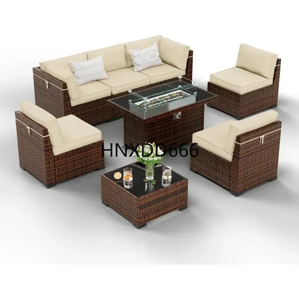 8 Pieces Patio Furniture Set with Glass Top Fire Pit Table Sectional Rattan Sofa with Slanted Back Patio Couch Outdoor Furniture