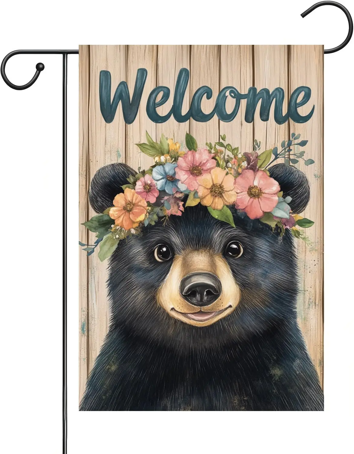 Black Bear wearing flowers on its head Garden Flag 12x18 Inch Double Sided, Small Burlap wooden boards Spring Summer Seasona MMZ
