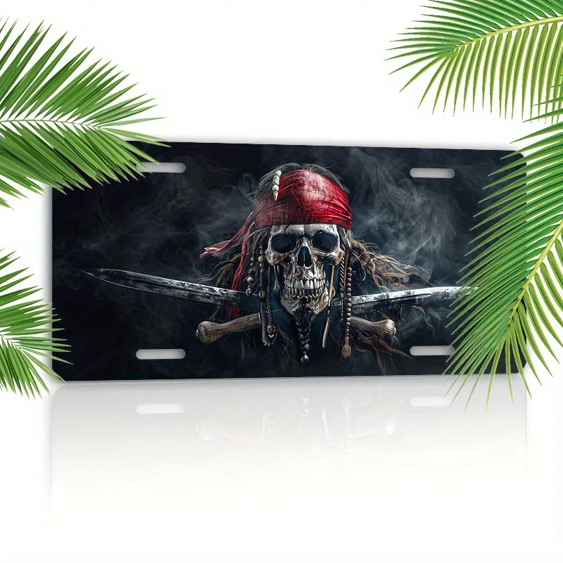 2D Flat, 1pc Pirate Skull Plaque - 6x12 Inch Decorative Hood Emblem for Car, with Crossed Swords and Red Bandana Design, Black B