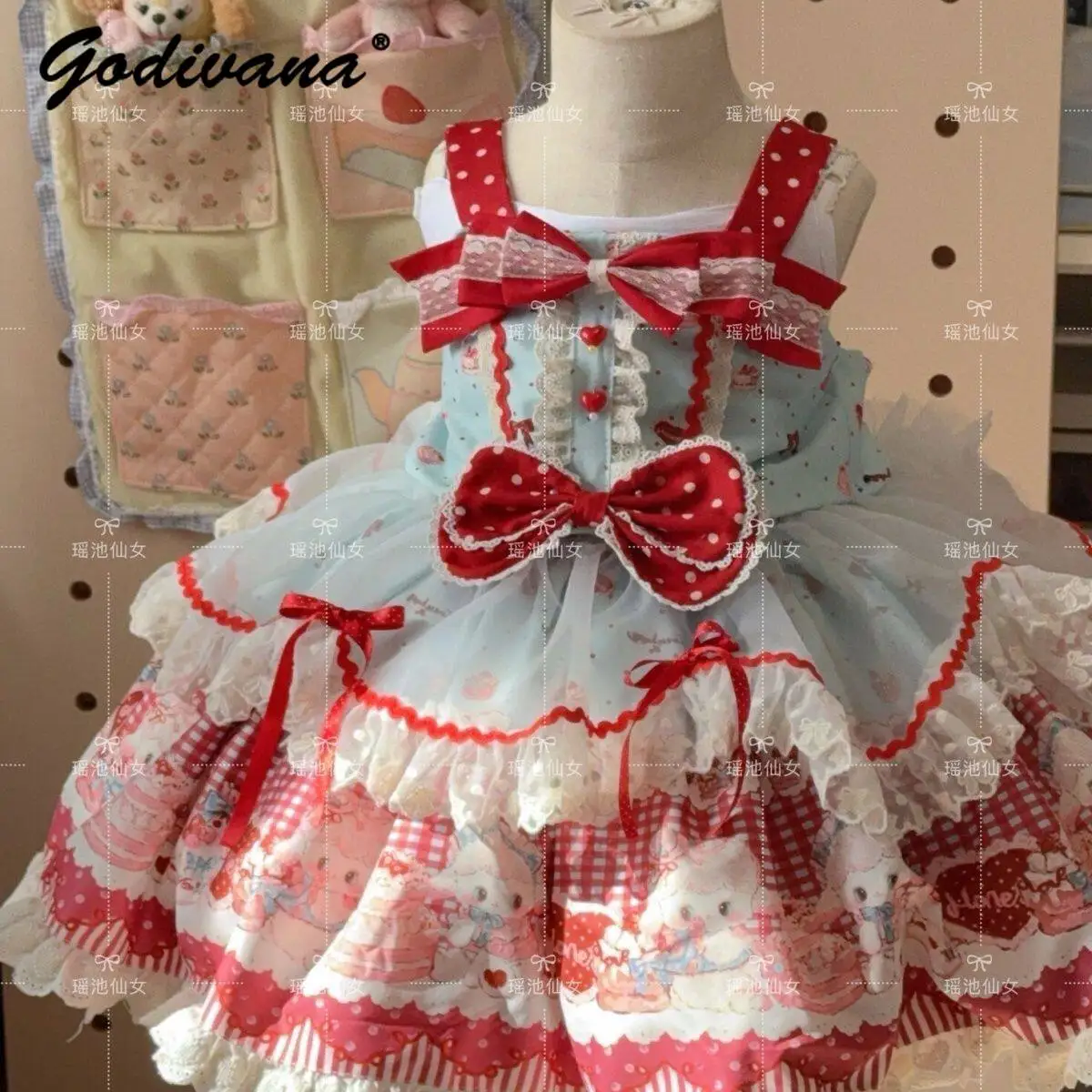 

Sweet Baby Girls Lolita Princess Slip Dress Kids Summer 2026 New Cute Cartoon Print Bow Lace Trim Mesh Birthday Party Ball Gown