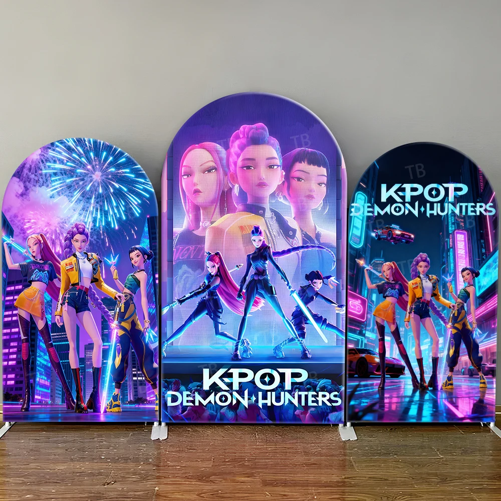 

Kpop Demon Hunter Arch Backdrop Cover Kids Girl Birthday Party Decoration BabyShower Cool Stage Photography Background Wall