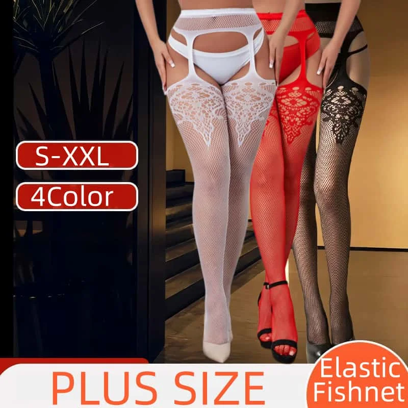 Plus Size Black Fishnet Garter Belt Thigh High Suspender Stockings Pantyhose Gothic Girls Cosplay Tights for Women 3XL Halloween