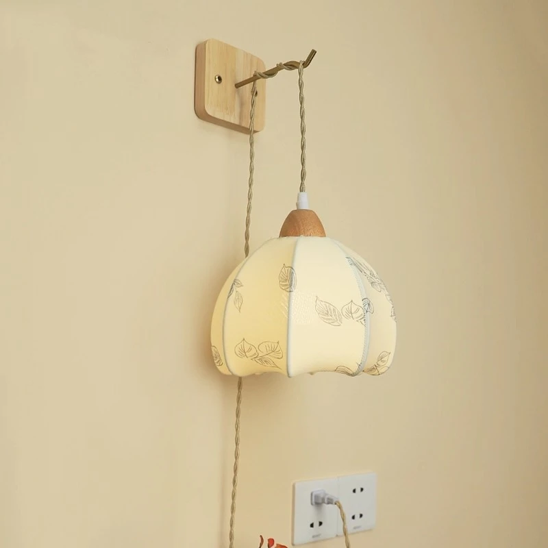 Boho Fabric Lantern LED Pendant Light E27 Bedside Hanging Wall Lamp Hotel Dormitory Bedroom Decor Droplight With EU/US Plug Cord