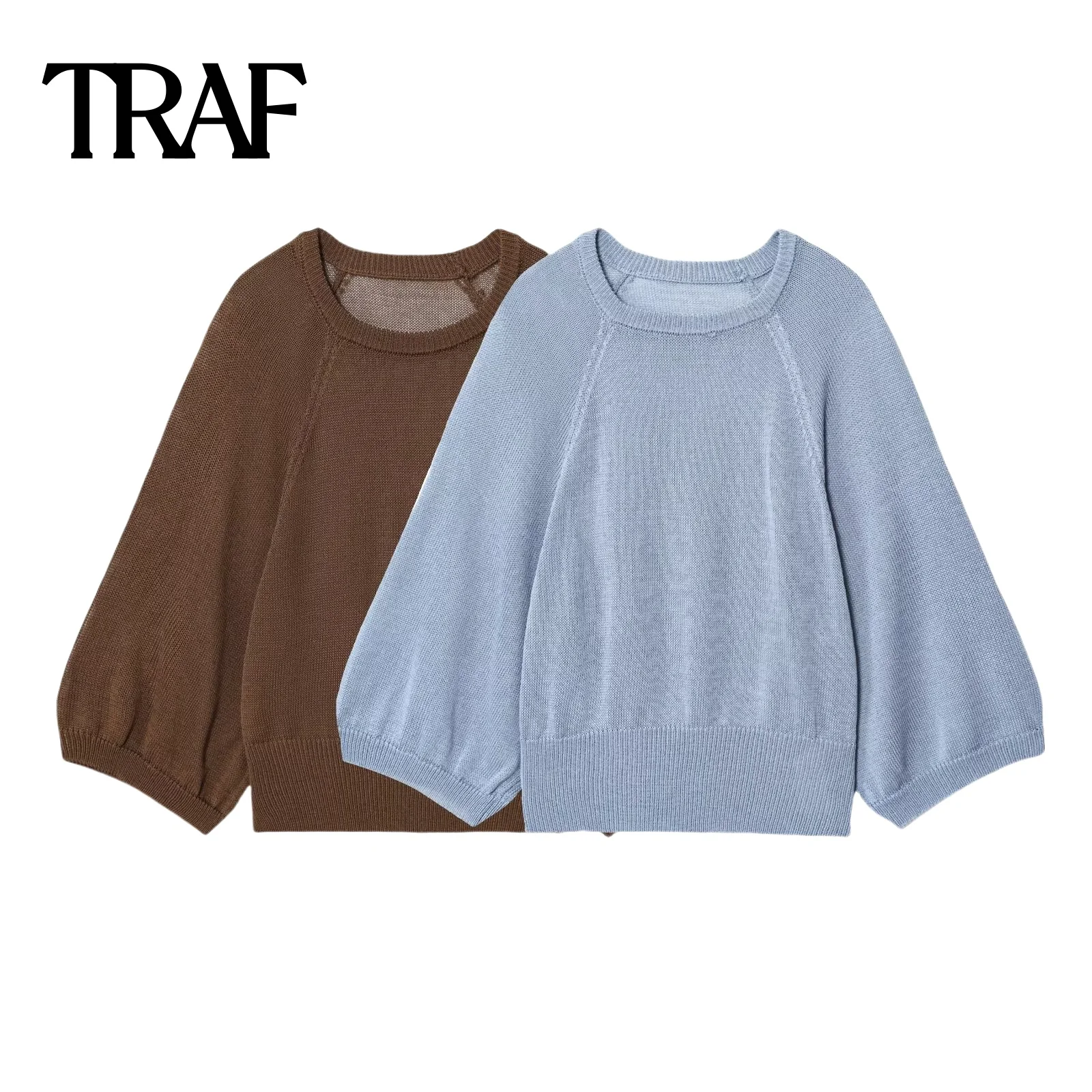 TRAF diseño francés de manga ancha cuello redondo otoño nuevo artículo 2025 estilo de vacaciones casual suelto versátil suéter de punto top