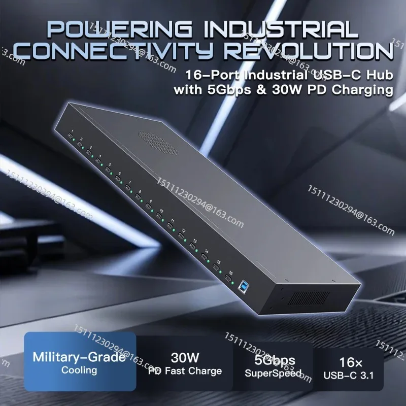 

16-Port Industrial USB-C Hub, 5Gbps Per Port with 30W PD Charging, Rugated Metal Housing