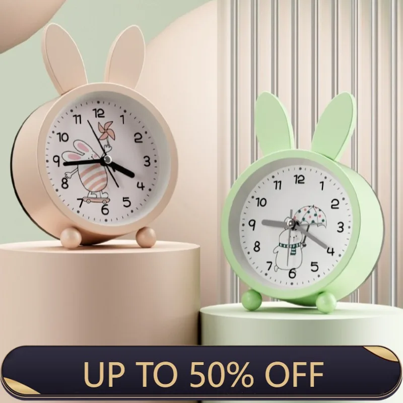 Korean Cute Cartoon Rabbit Ear Alarm Clock Creative Metal Alarm Watch Children's Wake-up Clock Bedroom Quiet Bedside Ornaments