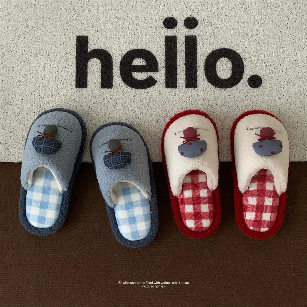 Women's Mushroom Slippers Women White Fluffy Platform Shoes Ladies Winter Warm Short Plush Slides Home Slippers