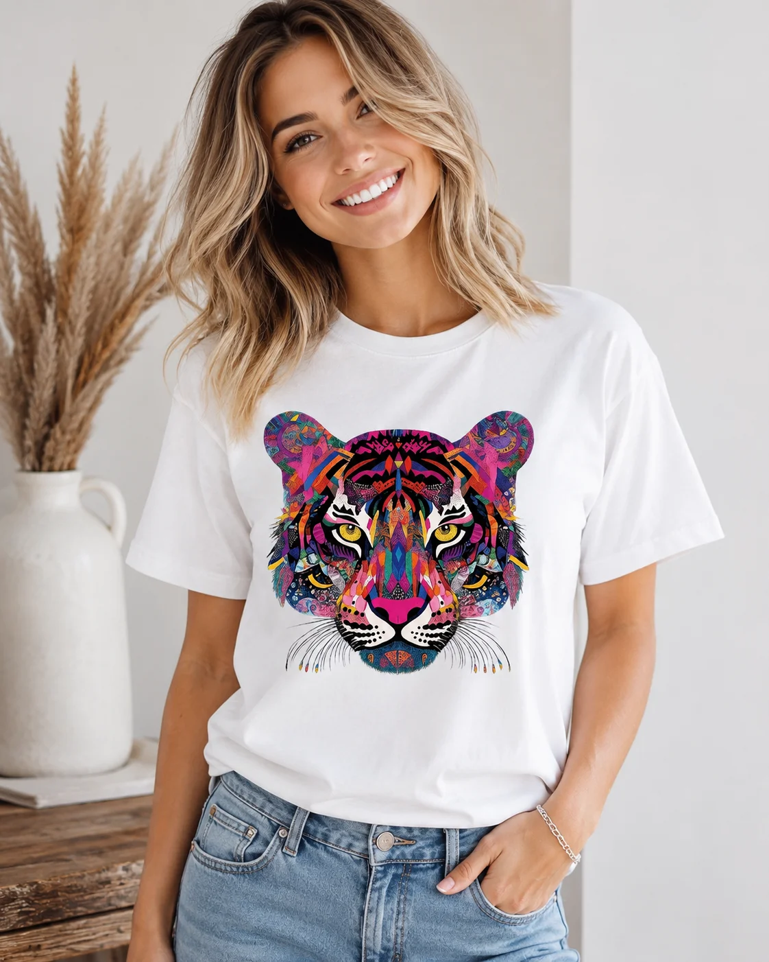 Women's Tiger Head Hot Warrior Colorful Pattern T-shirt Round Neck Casual Fashion T-shirt Plus Size Cotton Shirt Womens Clothing