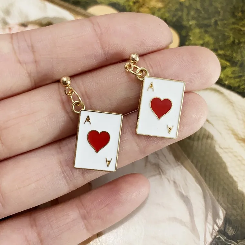 Unique Design Poker Ace Earrings Red Hearts Spades Card Asymmetrical Mini Men Women Gift Girls Creative Jewelry