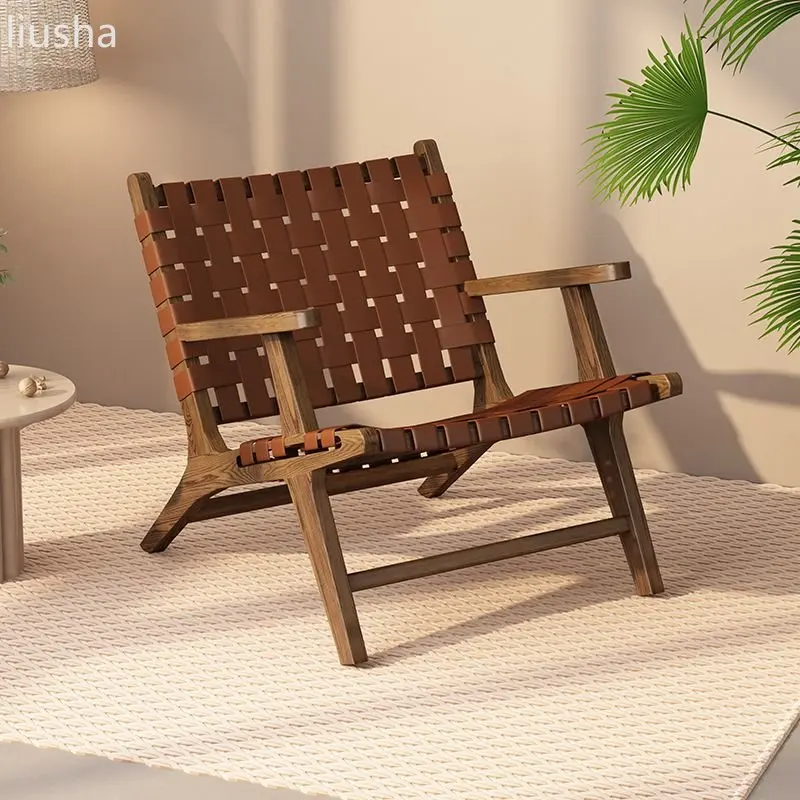 Rope woven solid wood single sofa chair, Nordic balcony lounge chair, Japanese style small house backrest lazy chair chairs