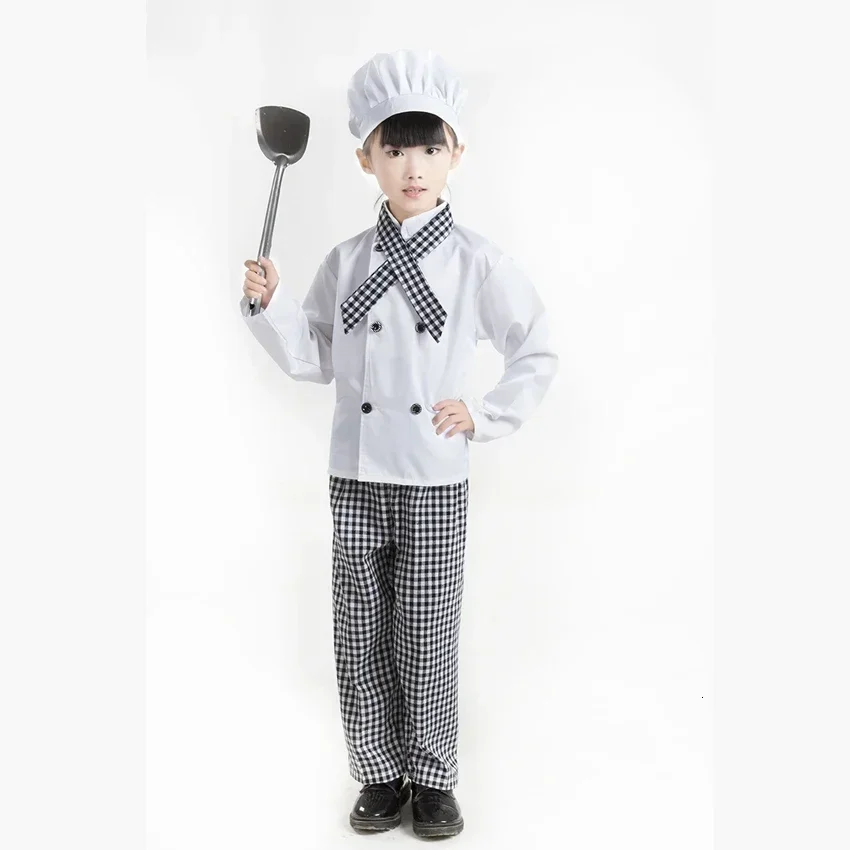 Carnival Cosplay Costumes for Children Girls Kids Chef Jacket Plaid Trousers Cook Uniform Food Service Halloween