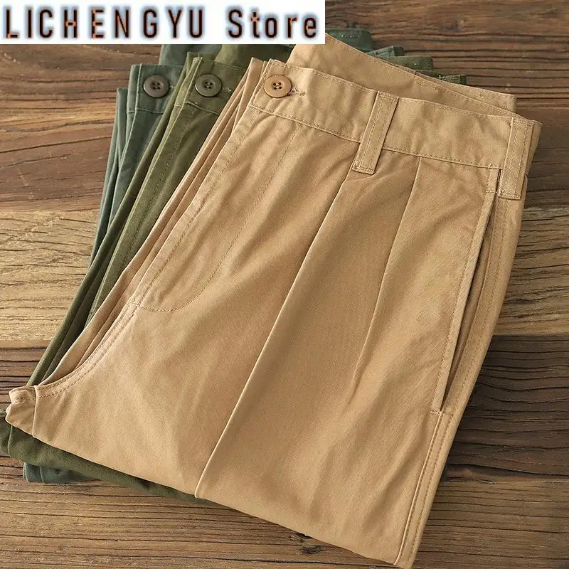 

Autumn New American Retro Twill Pleat Chino Cargo Pants Men's Fashion 100% Cotton Washed Old Casual Straight Trousers