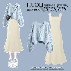 Autumn Winter Wear Suit New Hole Knitted Sweater Matching Sling Dress Two-piece Set Elegant Vintage