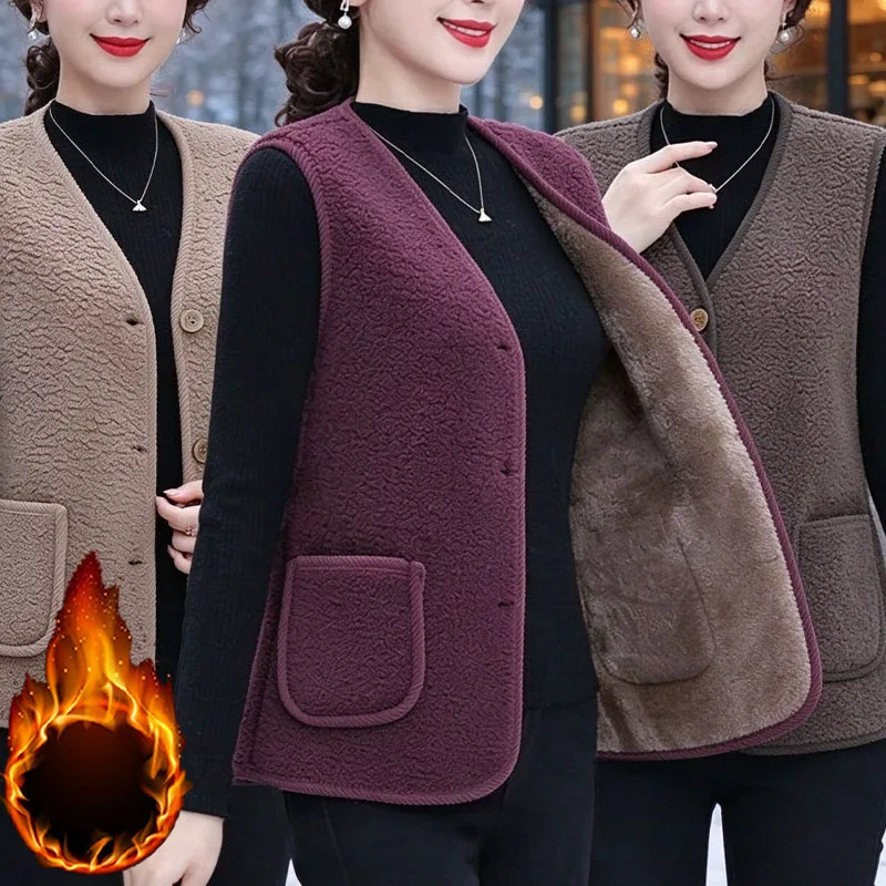 Fleece Gilet Lamb Wool Thick Thermal Sleeveless Cardigan Warm Comfy Outerwear Button Pockets for Cold Fall Winter Daily