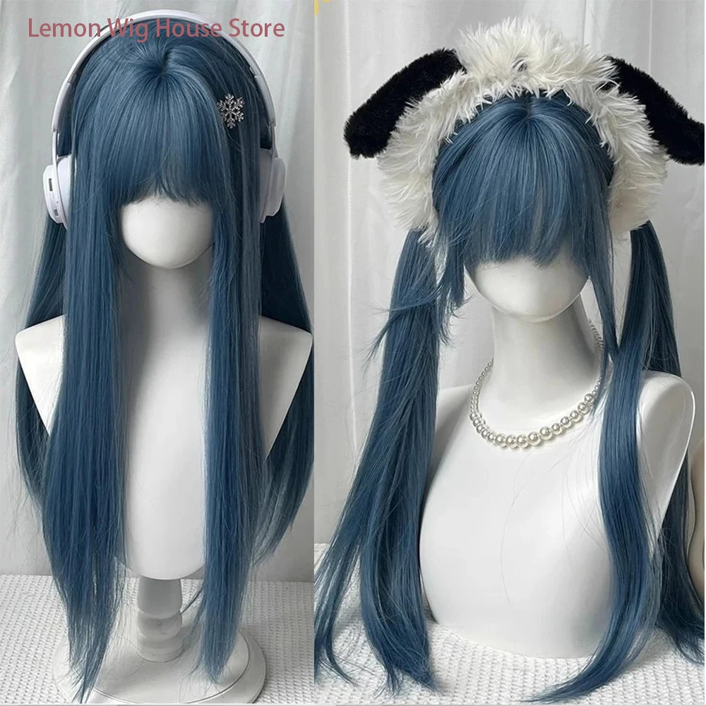 Long Straight Hair Ash Blue Synthetic Wig with Bangs Orange Natural Wigs for Women Daily Cosplay Wig Halloween Costume Wig 가발