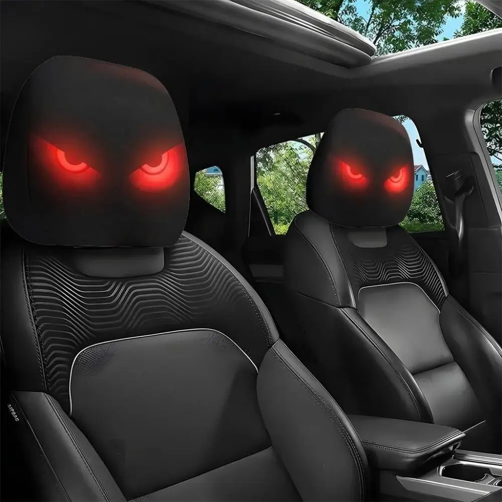 2 Pieces Black Car Headrest Covers with Red Glowing Evil Eyes, 2D Printed, Elastic, Universal Car Seat Headrest Protectors