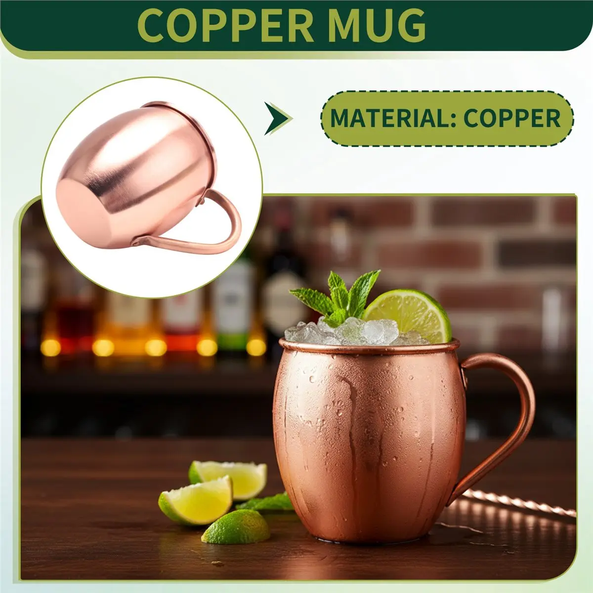 Doings 530ML 100% Pure Copper Mug Moscow Mule Mug Drum Cup Cocktail Cup Pure Copper Mug Restaurant Bar Cold Drink Cup, B