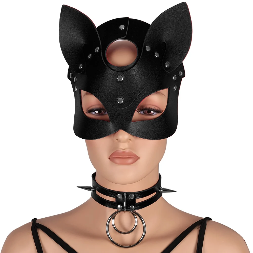 

Harajuku Products For Women Leather Mask and Collar Sex Toys Halloween Cosplay Sexy Mask Bdsm Bondage Spike Rivet Accessories