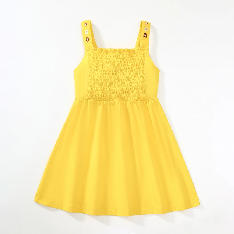 Little maven 2024 Kids Clothes Girls Casual Cotton Summer Yellow Embroidery Cartoon Flowers Dress for Toddler Infant Children