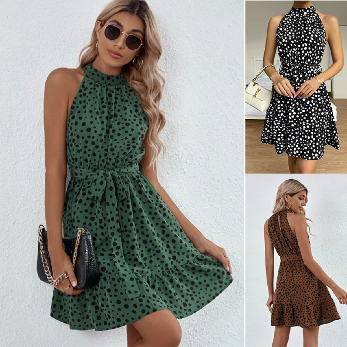 

Summer Dress for Women 2024 Casual Polka Dot O-Neck Sleeveless Short Dresses Lace-up Ruffled Skirt Boho Fit Flare Beach Sundress