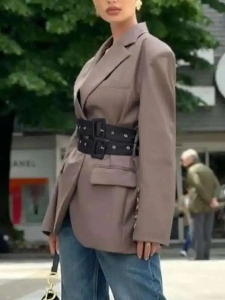 سترة كاجوال بحزام مقسم للتخسيس من KWTX للنساء بياقة مدببة وأكمام طويلة وزر مرقع سترات أنيقة للسيدات جديد 2025