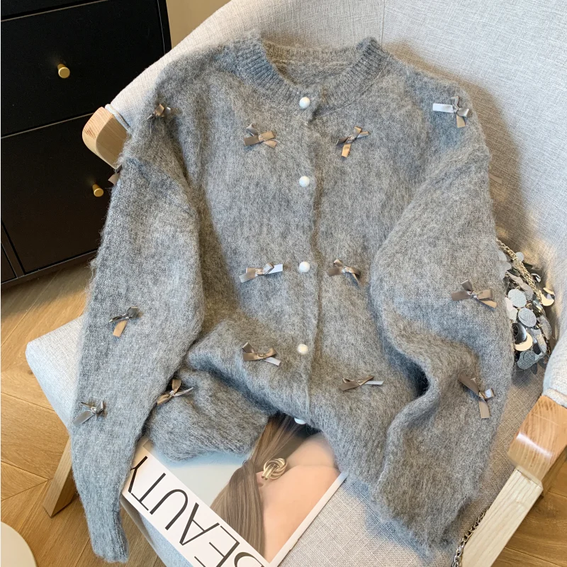 Korean Elegant Gray O-neck Single-breasted Imitation Mink Knitted Sweater 2024 Loose Soft Bow Cardigan Tops Women Autumn Winter