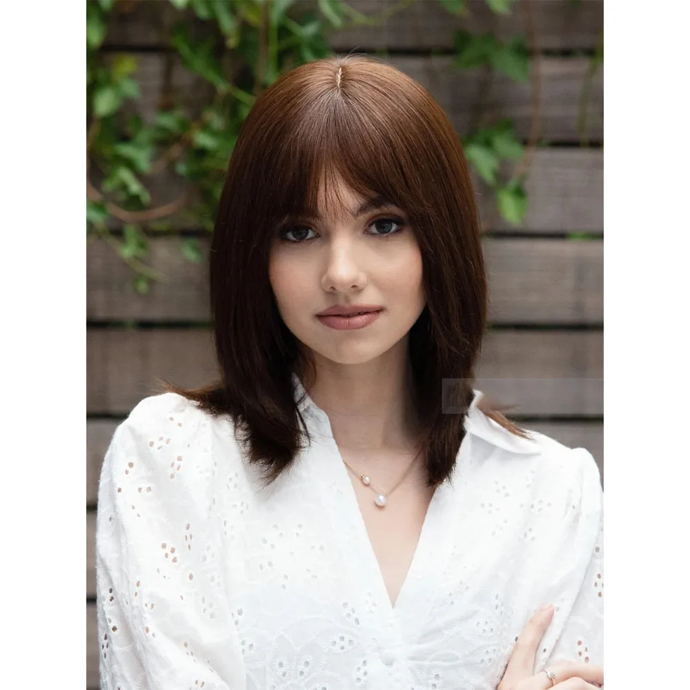 Soft Natural Bob Long Brown Straight 5x5 Silk Base Free Part  Jewish Human Hair Wig With Bangs HD Lace European Hair Preplucked