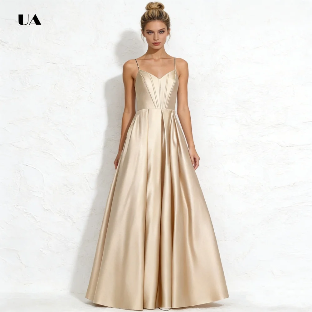 Semplice abito da ballo a trapezio con spalline sottili Abito da sera con lacci solido con tasche laterali Abito da festa classico personalizzato in raso